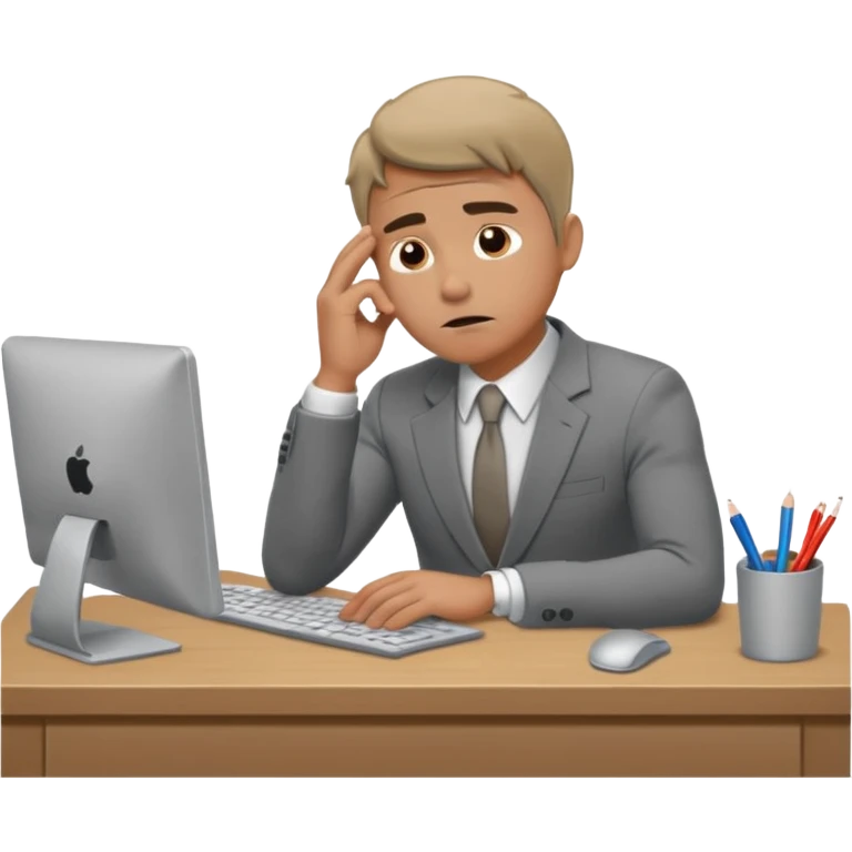 A man in corporate attire sitting at a desk, looking stressed while working on a computer emoji