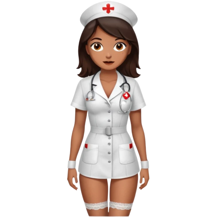 A sexy girl. with caramel skin. Dark brown hair and brown eyes. She has freckles. Wearing sexy makeup. Dressed as a sexy nurse wearing lingerie. Full body. emoji