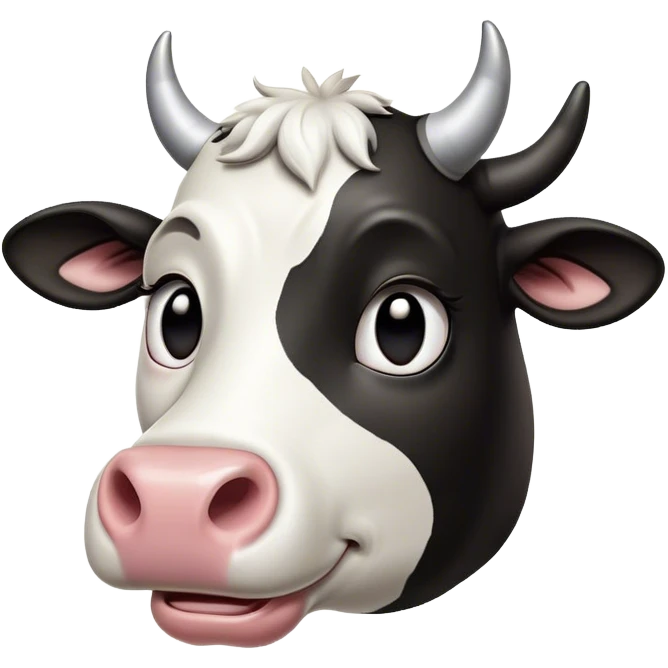 Cinematic Comical Black and White Cow Portrait Emoji, Head tilted dramatically with an exaggeratedly amused expression, featuring a striking, glossy coat of bold black and white, wide, expressive brown eyes filled with playful disbelief, Simplified yet hilariously expressive features, highly detailed, glowing with a slightly sassy glow, high shine, dramatic yet playful, stylized with an air of cheeky mischief, bright and endearing, soft glowing outline, capturing the essence of a spirited and over-the-top cow, so meme-worthy it feels like it could moo its way into internet fame instantly! emoji