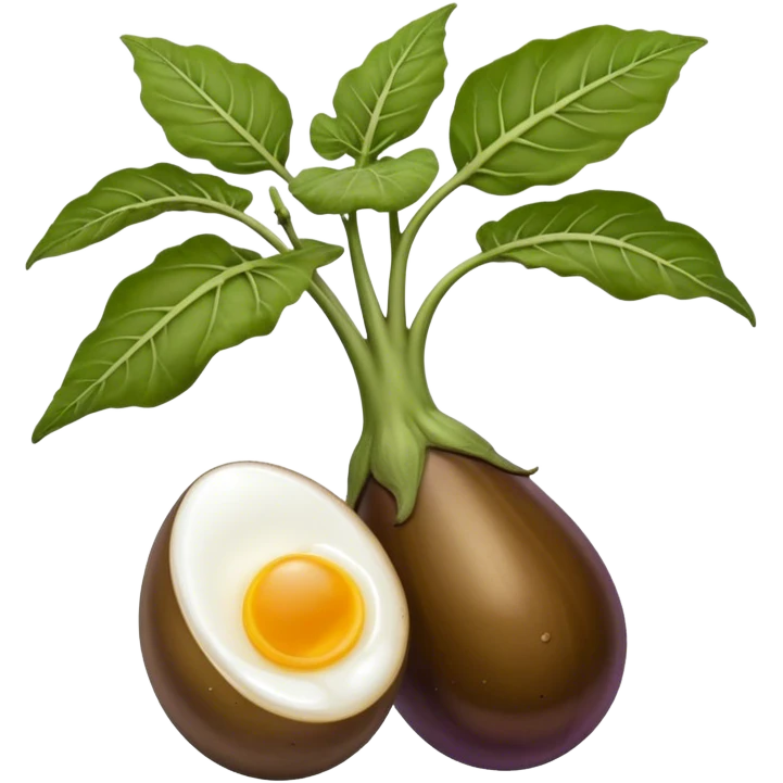 hybrid big brown coloured eggplant with veins along it, and one bulbous brown mushroom head to replace the stem and leaves of the eggplant. the object is positioned upright with two small brown boiled eggs attached at the lower half.  emoji