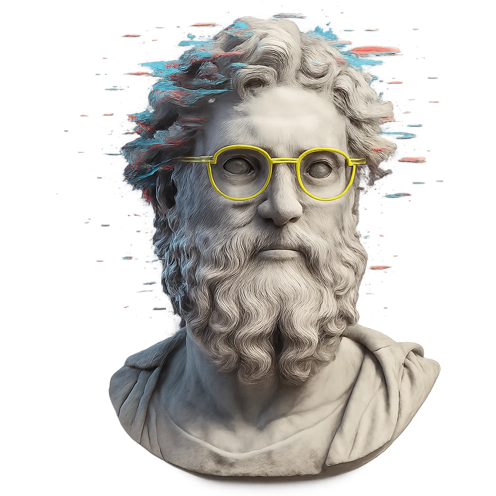 highly detailed Greek marble bust with curly hair and beard, wearing neon yellow round glasses, digital glitch effects around the head, cyberpunk futuristic vibe, centered composition, ultra-detailed, high resolution, soft shadows only, clean edges, transparent background emoji