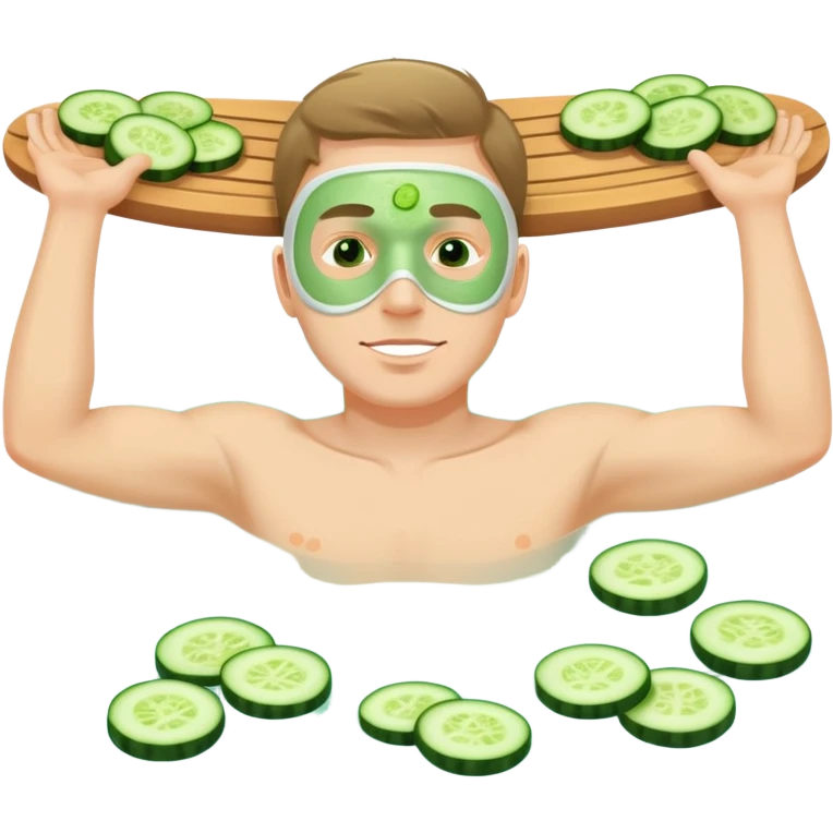 white man with green facial mask and cucumber slices on eyes, relaxing at a spa emoji