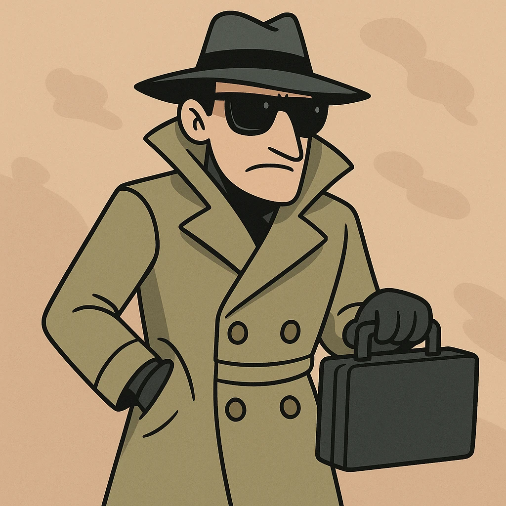 spy character, mysterious, wearing sunglasses and a trench coat, cartoon style emoji