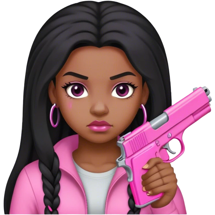 black girl with long hair baby hairs pink little cleave out and pink gun mean mugging emoji