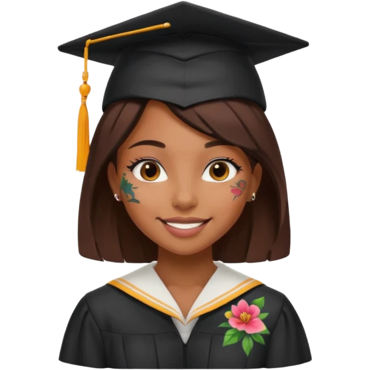 nude and sexy brown skin girl, floral colorful tattoes, in student cap, graduating emoji