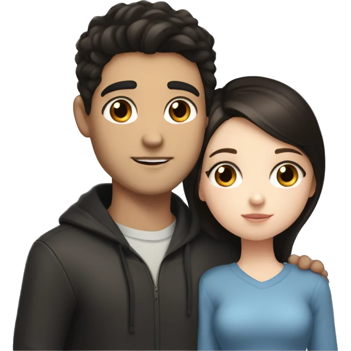 boy with blue eyes, pale skin and brown hair kissing a slightly tanned girl with black hair, dark brown eyes, the guy is taller emoji