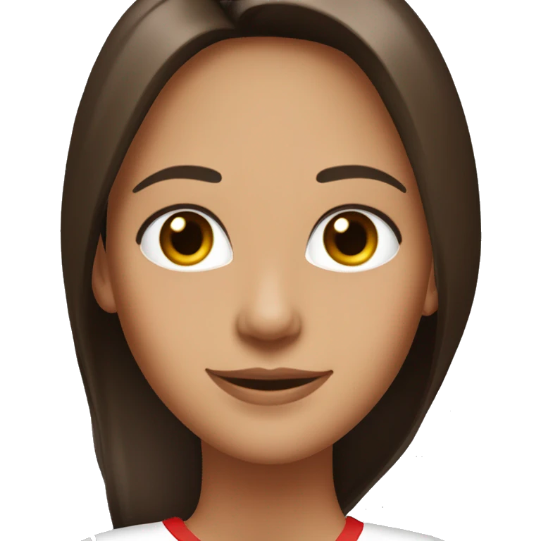 Portrait of an adult girl, tanned skin, dark brown long straight hair, dark eyes, smiling, wearing a white long sleeve with red horizontal narrow stripes. emoji