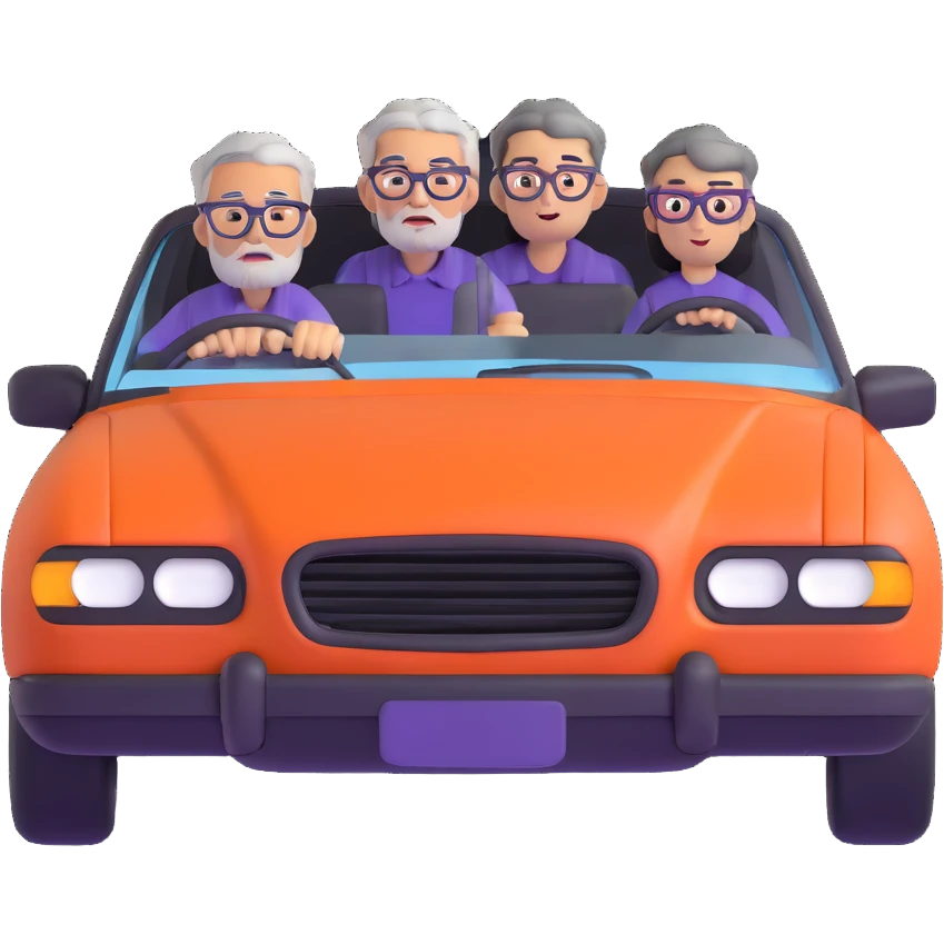 orange car front view with three people visible through windshield: driver with purple shirt and stubble, front passenger with gray hair and glasses, back passenger with black hair and glasses emoji