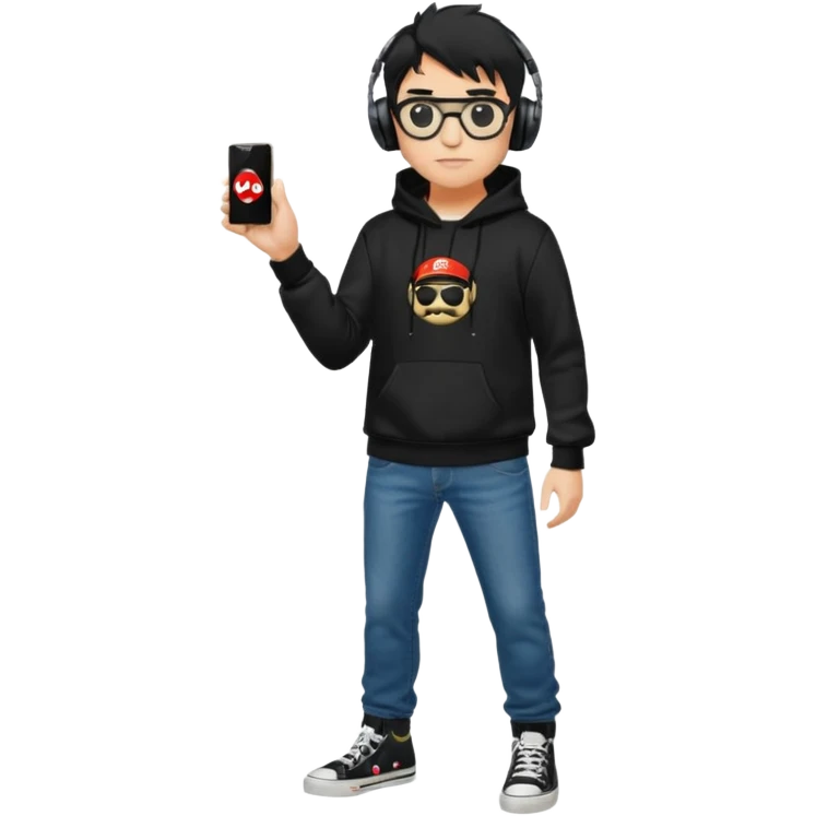 chico del cuerpo completo, cabello negro tipo militar, con audífonos Sony ,gafas Ray ban, sudadera negra con logotipo de super Mario, jeans negros Levis y tenis converse negros emoji