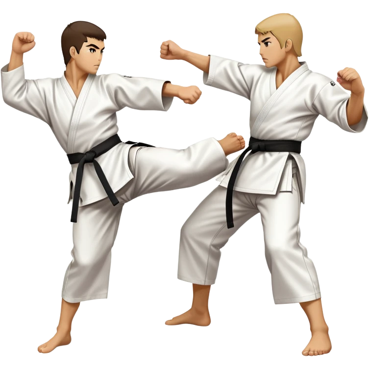 An icon symbolizing traditional Karate, featuring two opponents in a fierce battle. One fighter is delivering a high kick, while the other blocks the attack with a strong defense. The background reflects the calm yet intense atmosphere of a dojo, with traditional elements. Transparent background  emoji