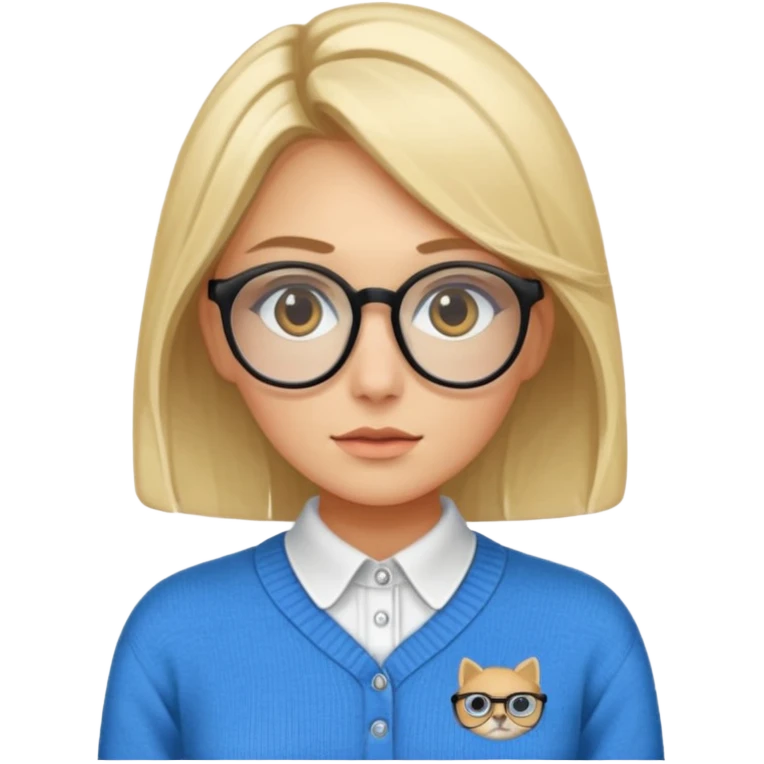 ragazza bionda vestita con camicia e maglione, con occhiali, occhi azzurri che è seduta al pc portatile emoji