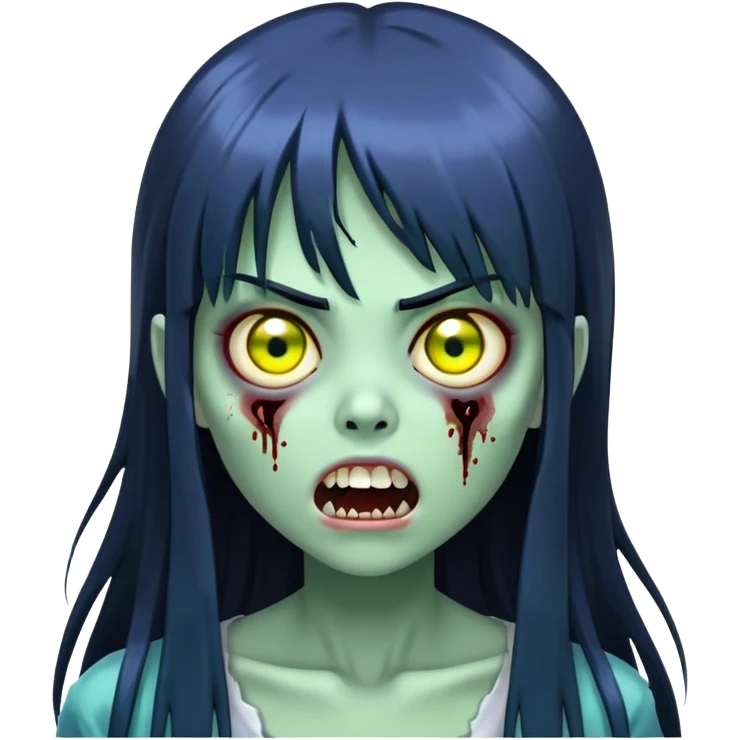 garota zumbi com Pele esverdeada ou azulada. Olhos grandes e amarelados. Cabelo preto, liso e longo, com franja reta. com a boca aberta mostrando dentes escuros. Aparência semelhante a figuras de terror, como fantasmas ou espíritos japoneses. emoji