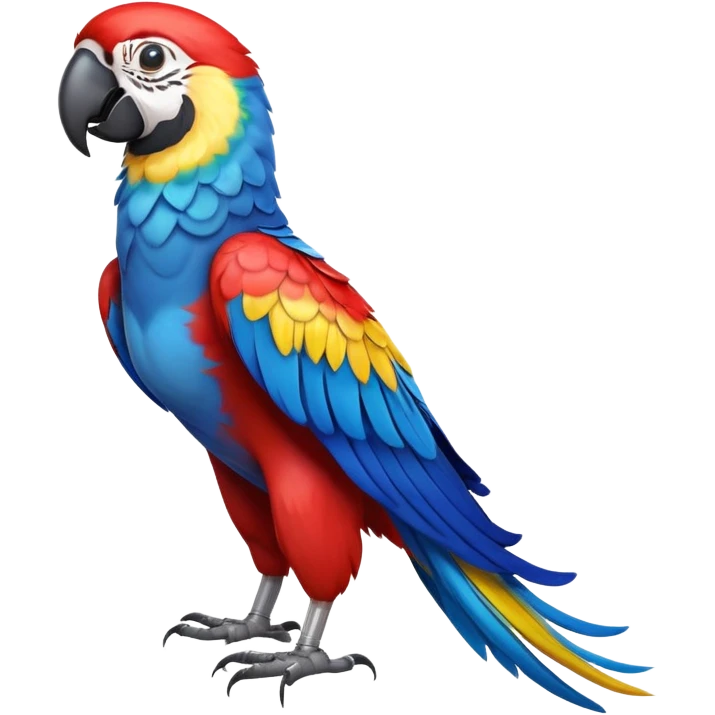 cinematic-macaw-realistic-full-body-standing-emoji,-vibrant-feathers-glowing-with-rich-reds,-blues,-and-yellows,-head-tilted-dramatically,-curved white-beak-gleaming,-piercing-dark-eyes-exuding-confidence,-simplified-yet-realistic-focused emoji