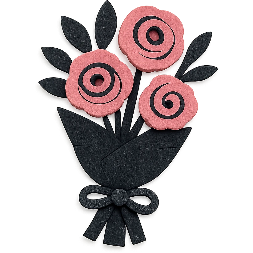 gothic bouquet, layered paper textures, handmade look, soft shadows, black and pink emoji