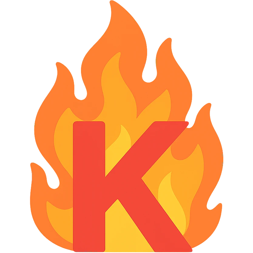 bold full color letter 'K' with dramatic flames around it expressing frustration emoji