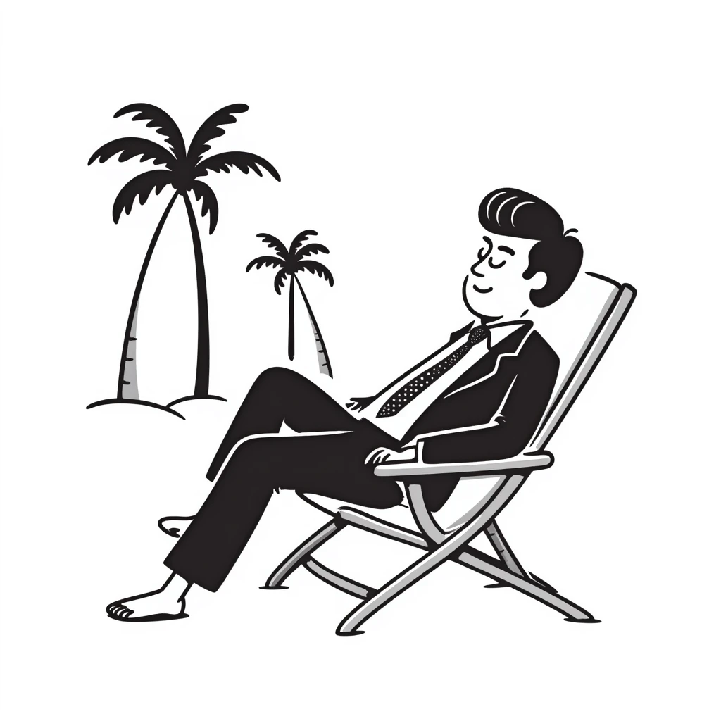 hand-drawn blonde man in business suit sitting on beach chair with palm trees, on vacation emoji