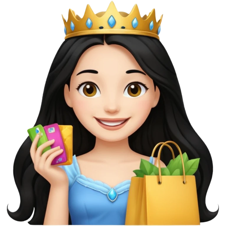 zadowlona czarnowłosa ksiezniczka z dlugimi wlosami jest zadowolona z zakupami emoji