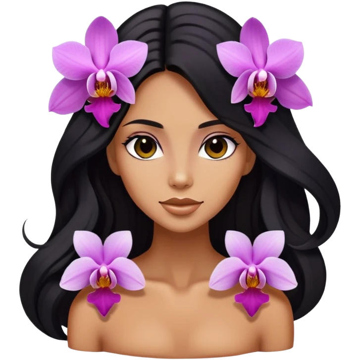Upclose, black long hair tanned woman, orchid flowers in hair, body emoji