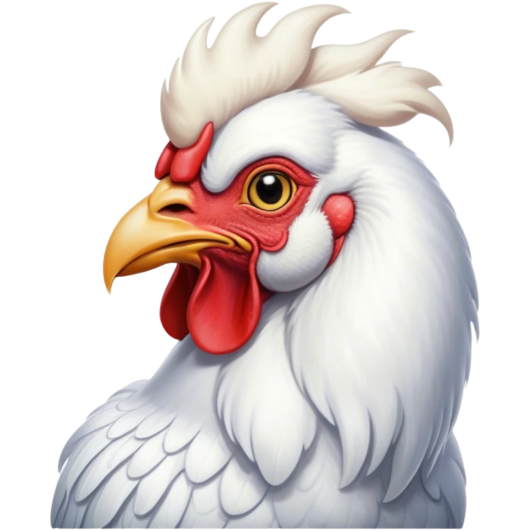 Cinematic Noble White Rooster Portrait Emoji, Poised and regal, with a robust, commanding build and a pristine, well-groomed pure white plumage, deep-set soulful piercing eyes, Simplified yet sharp and sophisticated features, highly detailed, glowing with a soft, dignified glow, high shine, intelligent and proud, stylized with an air of barnyard majesty, focused and attentive, soft glowing outline, capturing the essence of a watchful and confident leader, so majestic it feels as though it could crow out of the screen with effortless authority! emoji