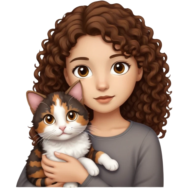 Chica morena clara con ojos grandes y café oscuro, con pelo rizado café oscuro y mechones café claro cargando un gato Calico  emoji