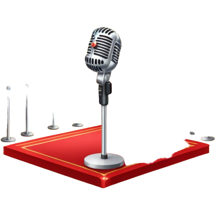Create a glamorous and vibrant emoji that represents pop or stage vocal performance. The design should feature an empty stage with concert lighting. Include elements like an iconic stage microphone with a sparkling, rhinestone-studded microphone stand, set on a red carpet, a celebratory firework display in the background and a ribbon of musical notes flowing around the scene to symbolize the performance's energy. Use bright colors like gold, red, and silver to emphasize the excitement and glitz of the pop vocal world. The background should be transparent. emoji