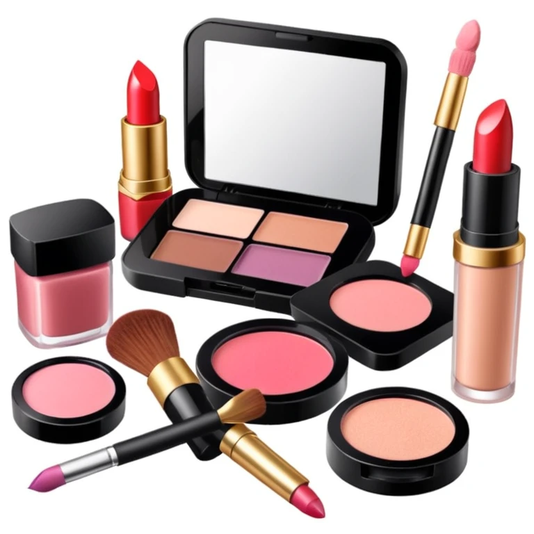 makeup products all together in one piece of png, lipstick, blush, powder, etc emoji