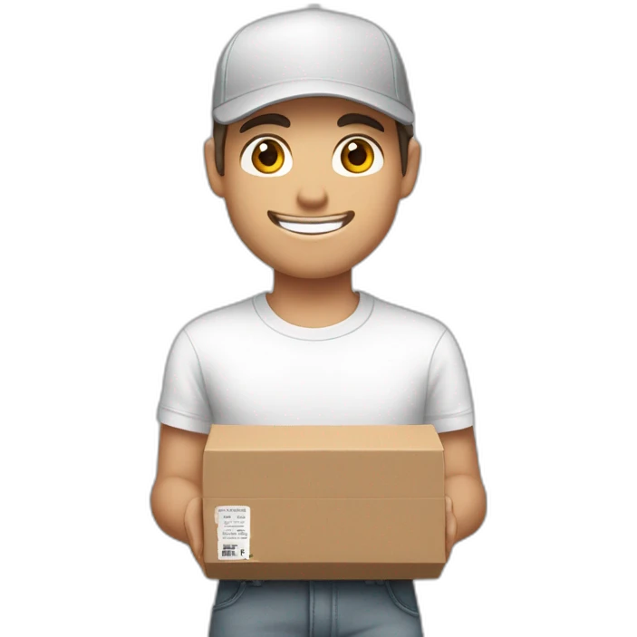 Pale skinned fit Man with dark brown hair in a white cap, gray jeans and gray polo T-shirt keeping a pasted box into his hands emoji