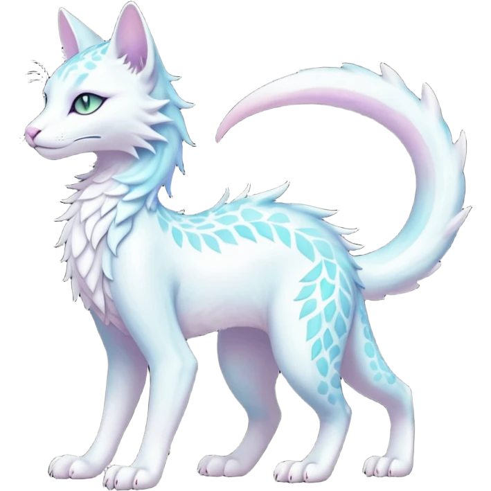 Kawaii white pastel iridescent beautiful pretty elegant divine edgy fantasy feline-vernid-sergal-fursona animal creature with a tufted tail full body with intricate markings  emoji