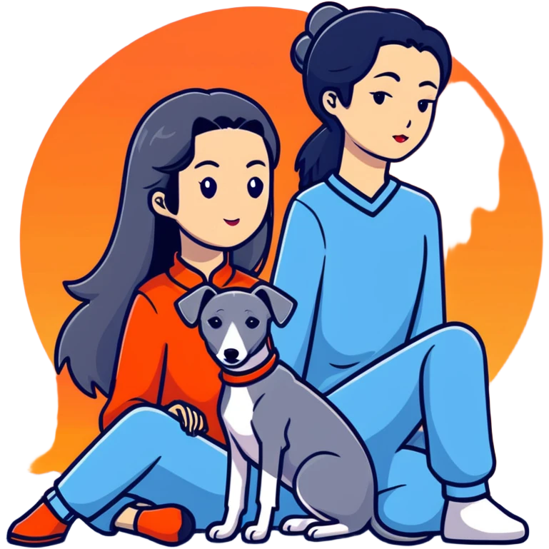 A very beautiful and attractive 25-year-old Chinese woman with long flowing black hair and a SOLID DARK GREY whippet sitting together during a beautiful sunset. The whippet MUST be COMPLETELY SOLID DARK GREY with ABSOLUTELY NO WHITE MARKINGS ANYWHERE - no white chest, no white face, no white paws, no white tip on tail - ENTIRELY ONE SOLID DARK GREY COLOR throughout the entire dog. Orange and red sunset sky in the background. emoji