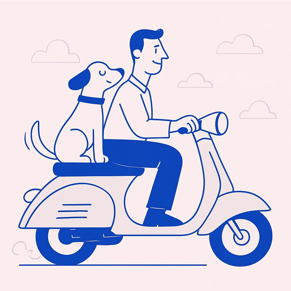 man and his pet dog riding a Vespa emoji