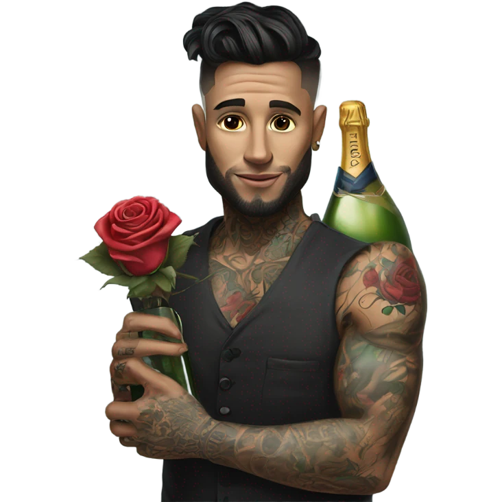 Hyper Realistic handsome tattooed man holding roses and a bottle of champagne  emoji