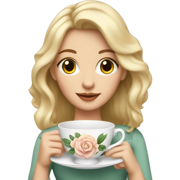 Blonde white woman holding an elegant floral teacup emoji