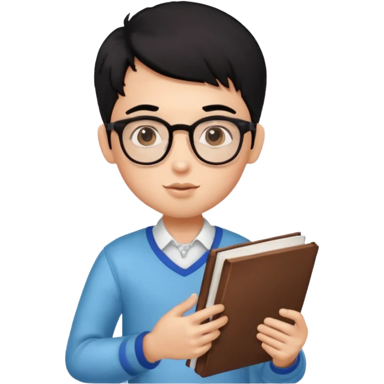 a pretty bratz boy with black hair, spectacles on, holding a book in hand and a chocolate in the other emoji