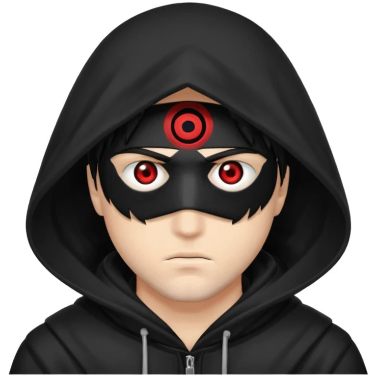 Un homme avec une capuche qui cashe 1 de c yeux et l'autre de c'est yeux et un sharingan emoji