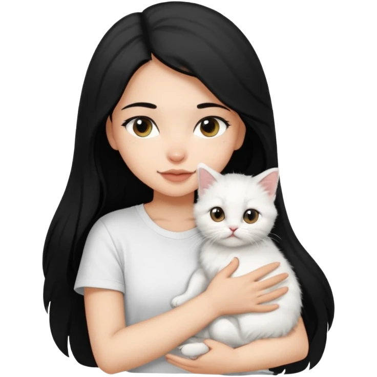 a girl with long dark black hair, in a white t-shirt, hugs a persian kitten 3 months old black and white one cat. emoji | AI Emoji Generator emoji