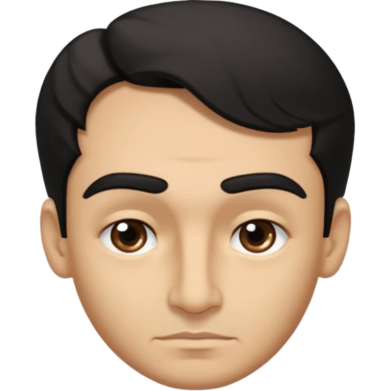emoji a medio cuerpo, de un hombre, con cejas gruesas inclinadas hacia abajo, nariz medio grande, hombros anchos, sin sonrisa, hombros anchos, cabello medio ondulado con un corte juvenil, cabello negro. ojos negros. emoji