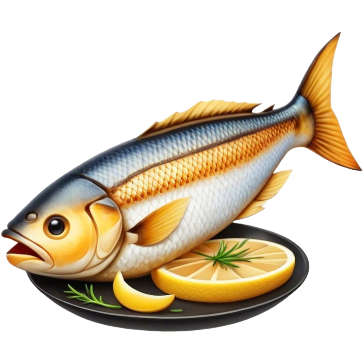 Gradele Cinematic Realistic Gradele Dish Emoji, depicted as 2 perfectly grilled fish with prominent grill marks and a smoky finish, rendered with vivid textures and dynamic, natural lighting. emoji