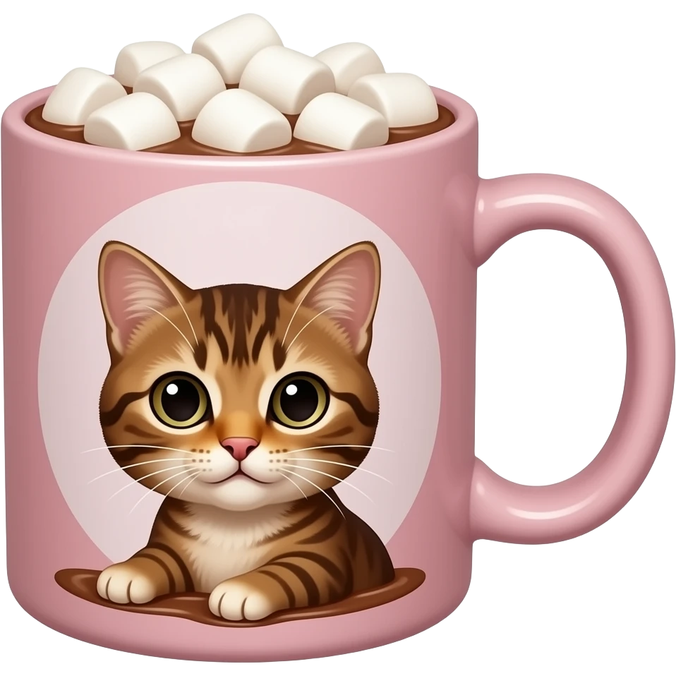 Caneca rosa clara com uma estampa de um gatinho Marrom dentro de uma caneca, e da caneca que não é a estampa, tem chocolate quente com marshmallows. emoji