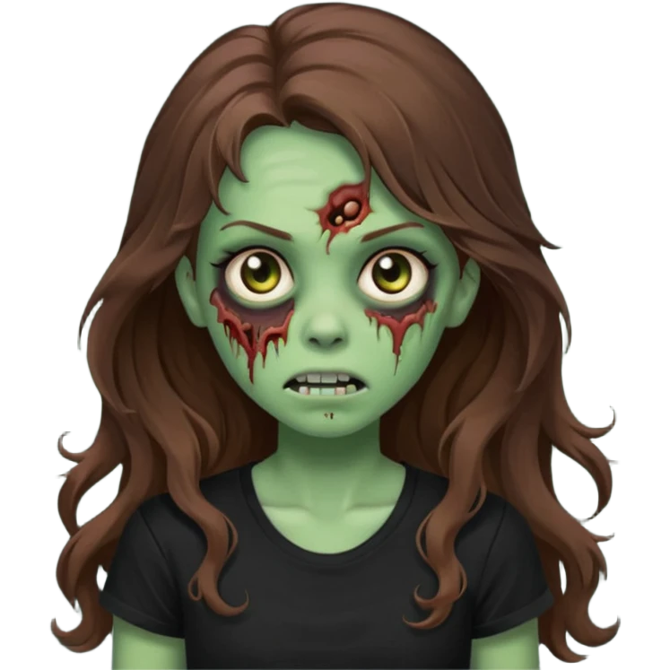crie uma garotazoombie cabelo ondulado 2c longo castanho castanho comprido e blusa básica preta sem nada com pele esverdeada com rosto fofo  emoji