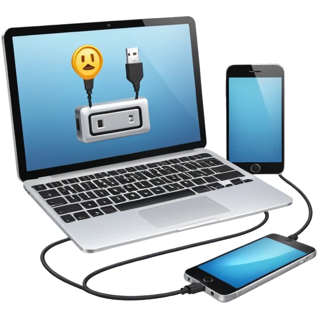 computer connected to smartphone with a USB cable emoji