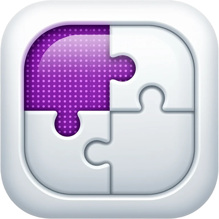 Minimalist iOS-style emoji of a 4-piece puzzle, clean and smooth design, one piece highlighted in glowing purple dotted , soft gradients, glossy finish, centered composition, neutral background emoji