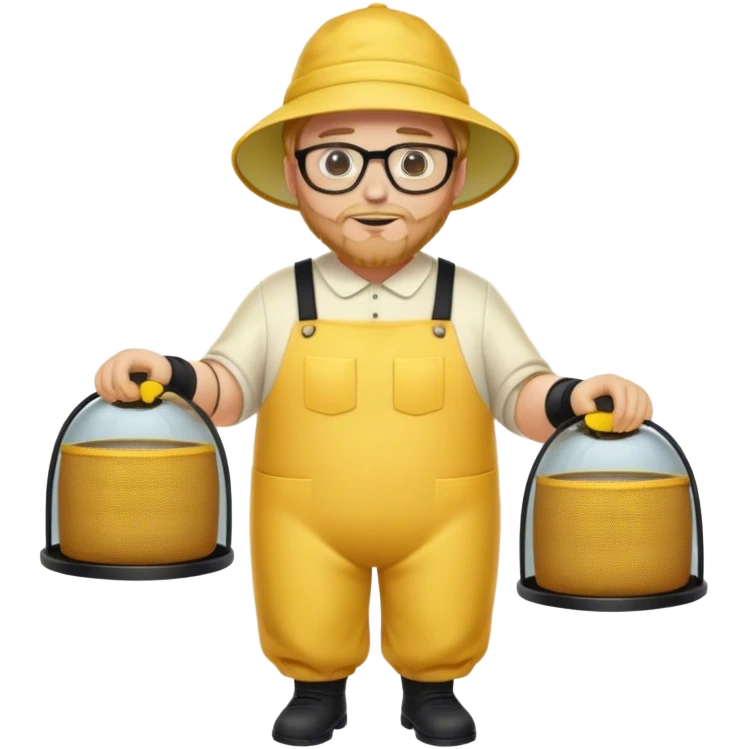 full body medium plus size male bee keeper in yellow and black with short light strawberry blonde hair and goatee wearing glasses with bee keeper hat emoji