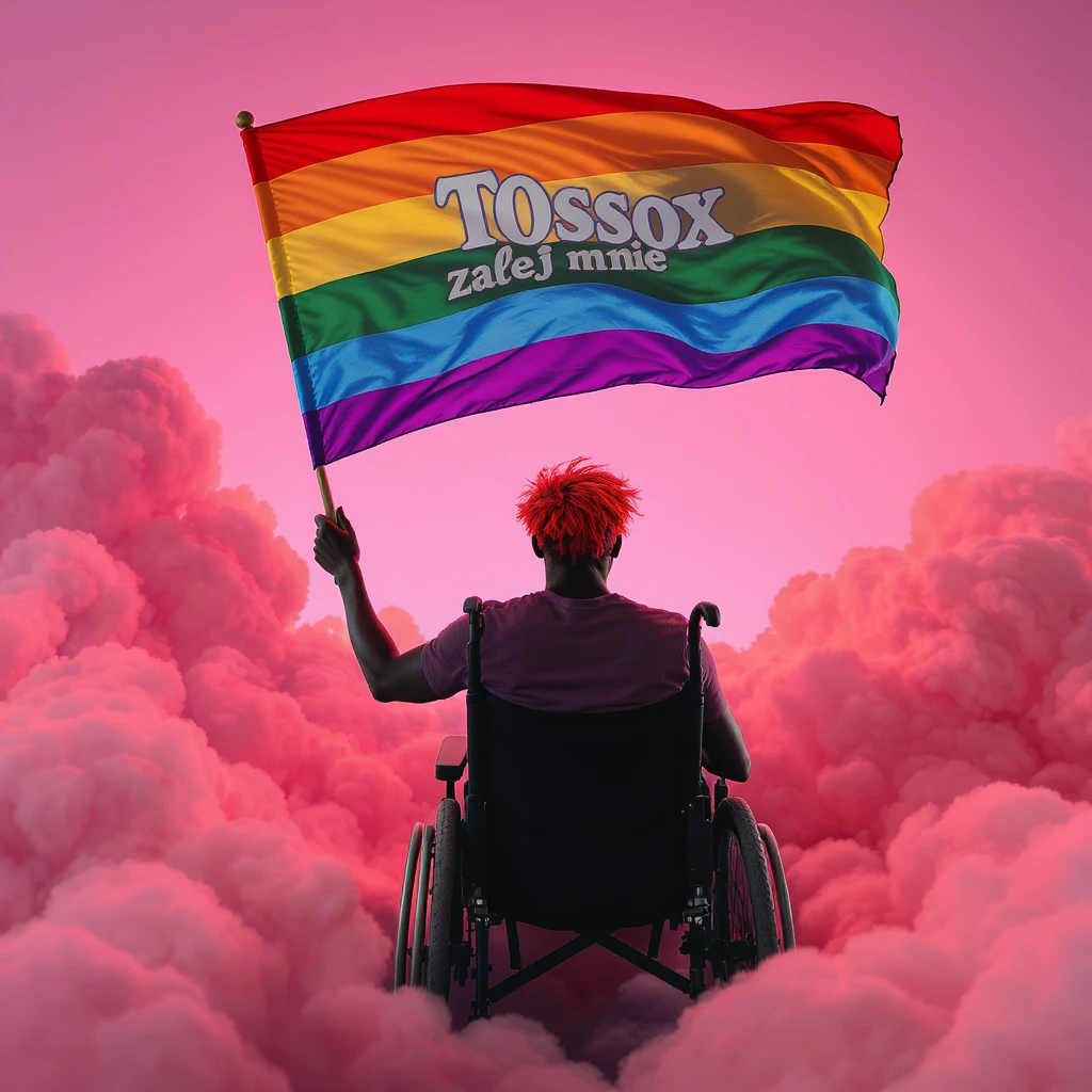 Cinematic shot advertising, Black man with red hair sitting on wheelchair holding lgbt flag holding text "T0ssox zalej mnie" pink clouds around, pink sky with pink back light emoji