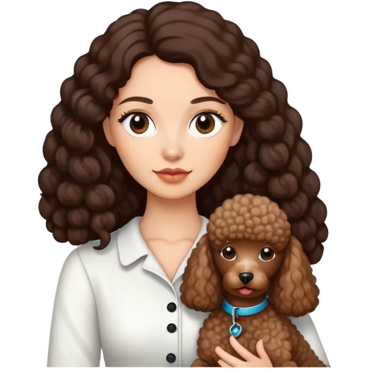 woman with long dark brown hair holding a poodle emoji
