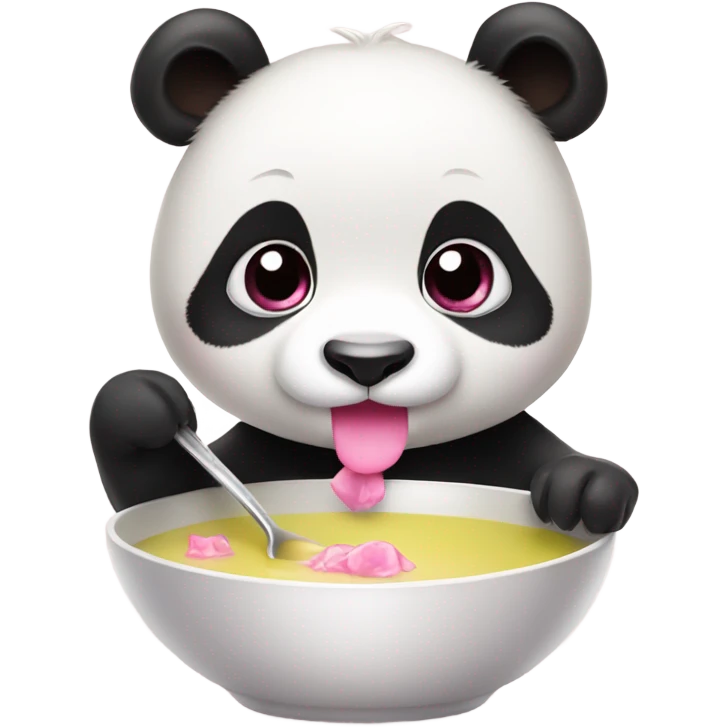 Baby panda with pink bow eating big bowl of soup emoji