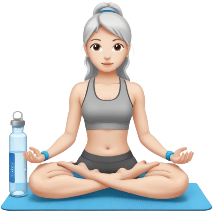 Девушка сидит на коврике для йоги и рядом стоит вода, таблетки, гантели  emoji
