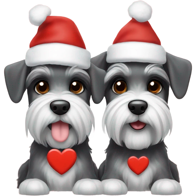 2 miniature schnauzers, 1 grey and 1 black and white, wearing Christmas hats with a heart above them emoji