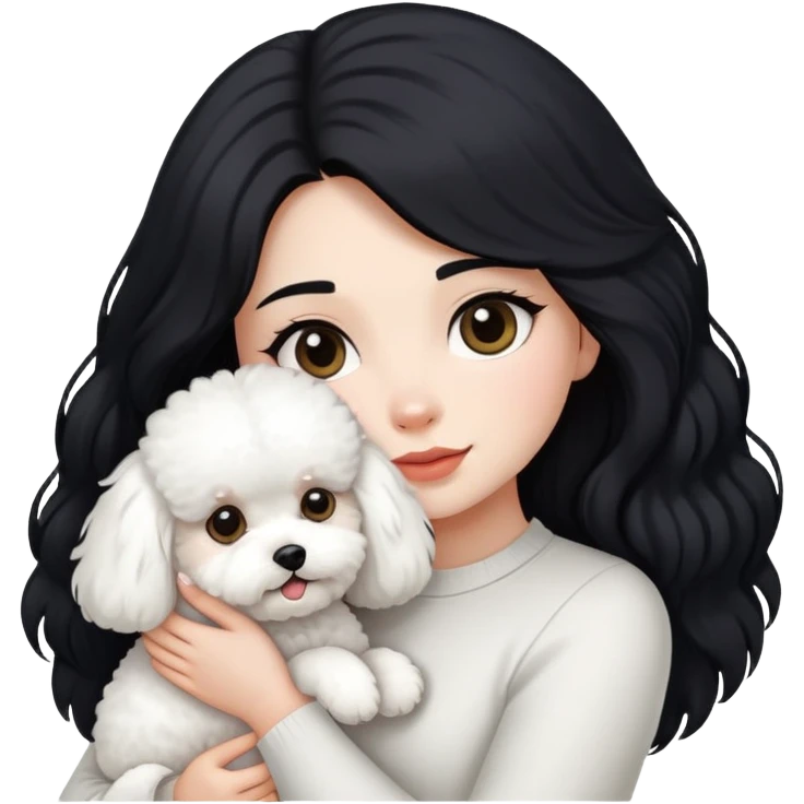 A girl with long black hair holding a bichon emoji