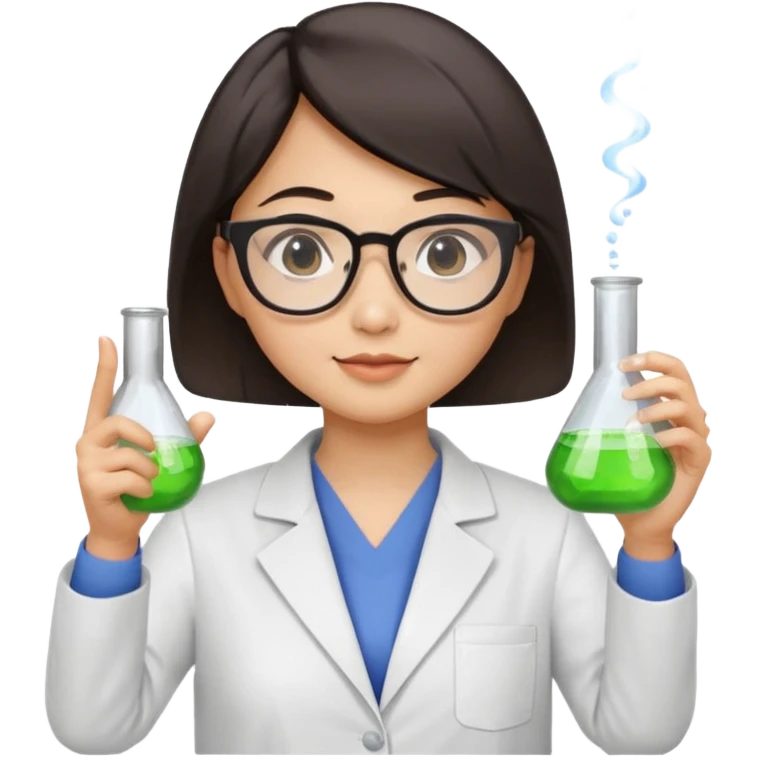 female asian chemistry teacher wearing glasses holdin a flask pointing right with straight short hair to her shoulders emoji