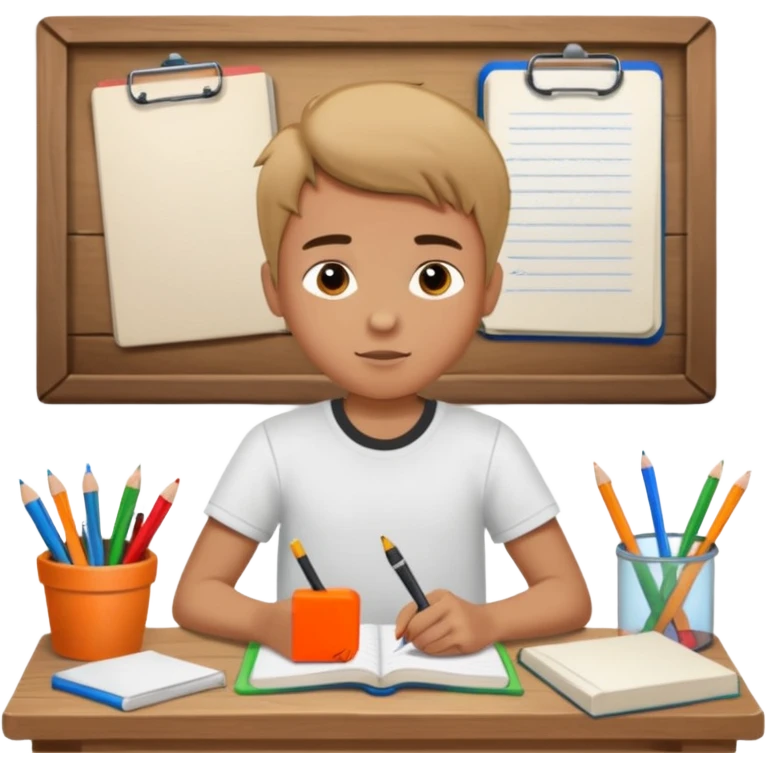 un niño escribiendo en un cuaderno en una mesa con muchas hojas y cuadernos al lado. emoji
